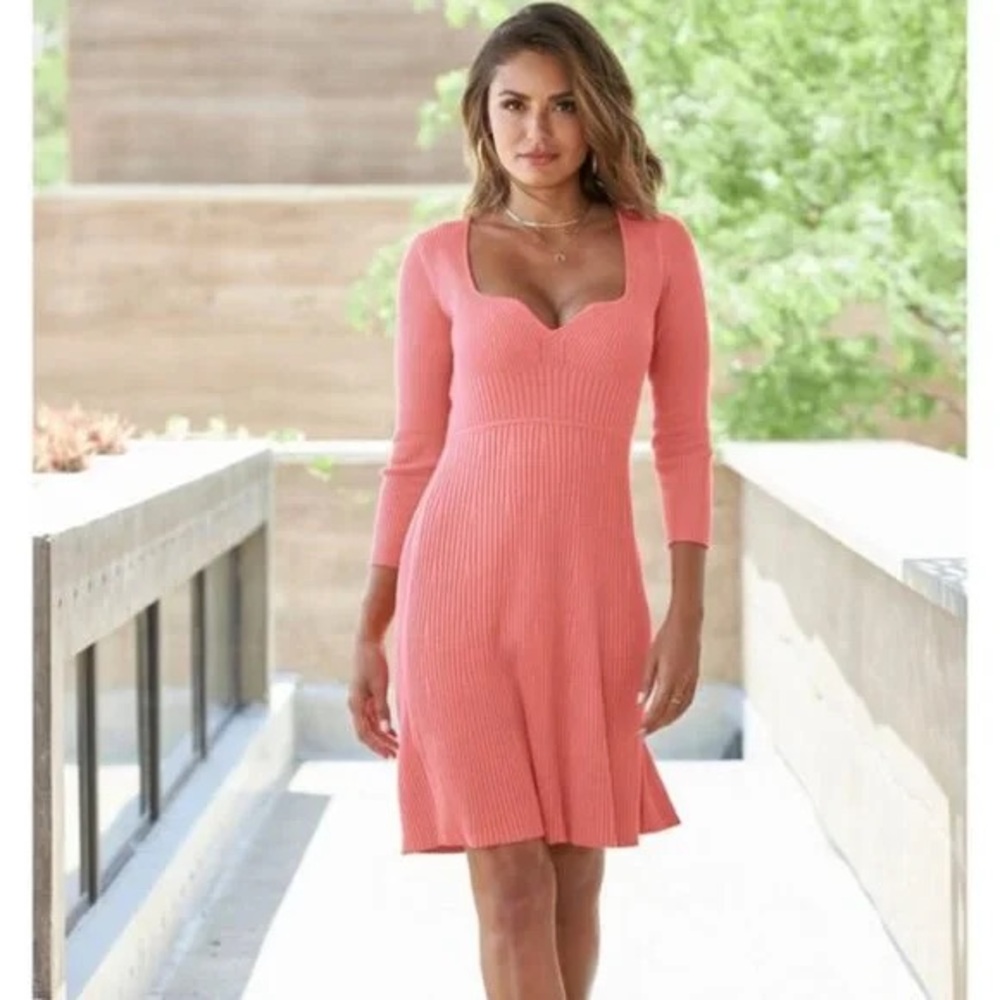 Boston Proper Women's Notch Front Ribbed Knit Pink Fit & Flare Dress- Size Small